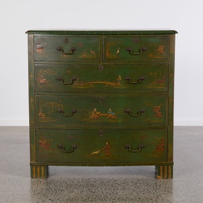 A Green and Gold Chinoiserie French Directoire Five Drawer