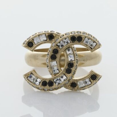 Chanel, CC Logo, Black & Clear Crystals Ring