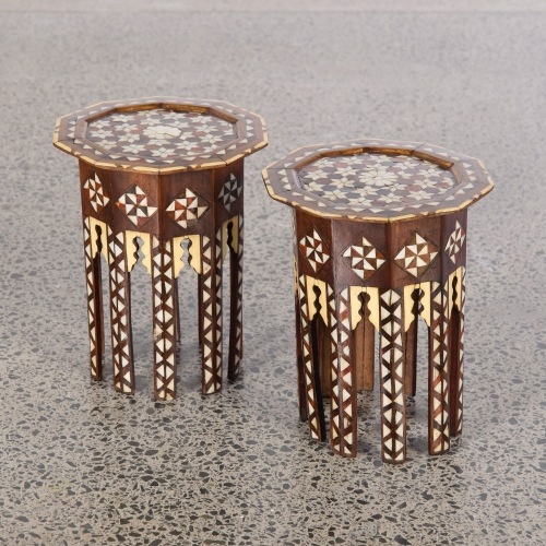A Pair of Moorish Revival Mother of pearl and bone Small Tea Tables