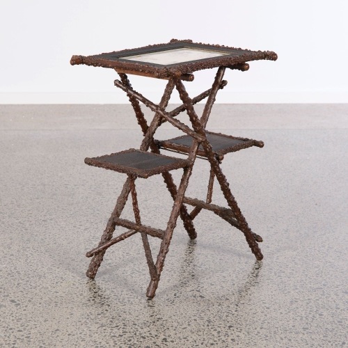 A Victorian Faux Rose Wood Table with Horsehair Inserts and Painted Tile Top