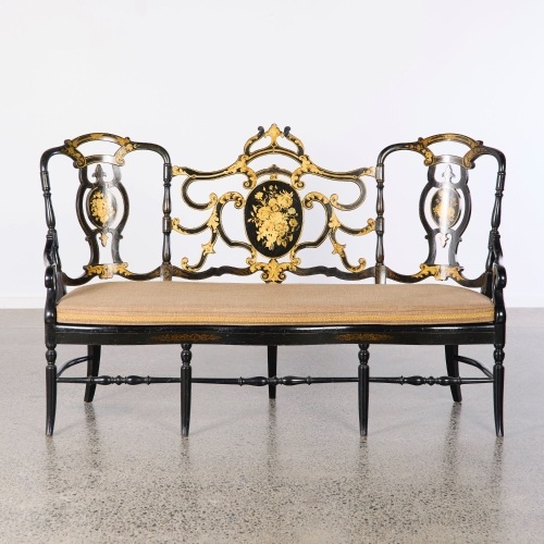 A Northern Italian Ebonised Wood with Parcel Gilt Settee 19th Century