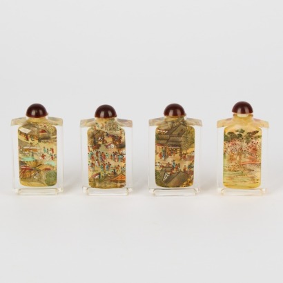 A Set of Four Vintage Chinese Reverse Hand Painted Glass Perfume Bottles