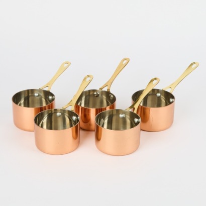 A Set of 5 Mini Copper Saucepans Fox & Ivy for Serving Only