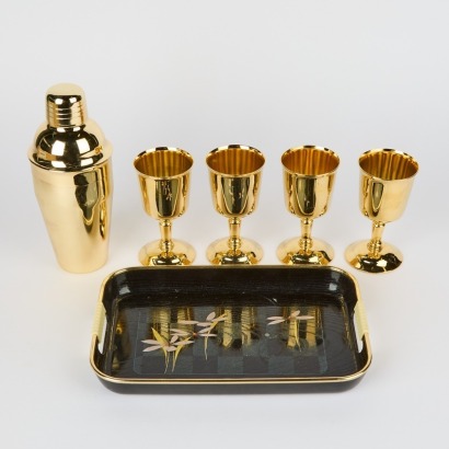 A Set of Four Vintage Gilded Goblets on Tray & Cocktail Shaker