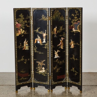 A Chinese Mid-20th Century Black Lacquer and Gilt &lsquo;Figural and Lady&rsquo; Four-panel Screen