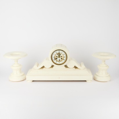 A White Marble Mantle Antique Clock with Matching Plinths c.1870