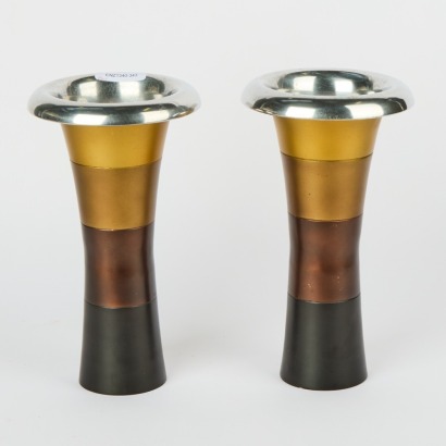 A Pair of Ventura Design Metal Vases in Gold & Copper Tones