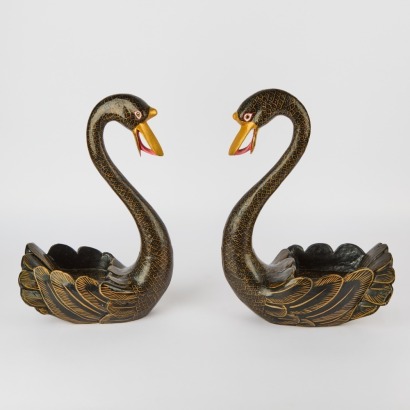 A Pair of Handmade Folk Art Swan Planters