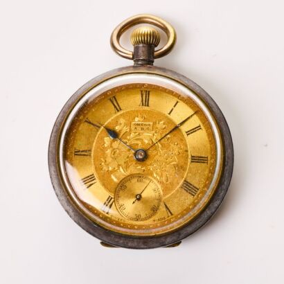 Gun Metal Cased, 37.5mm OMEGA Open-Faced Floral Dial Fob Watch, circa 1908