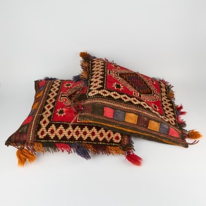A Pair of Large Vintage Afghan Saddlebag Cushions