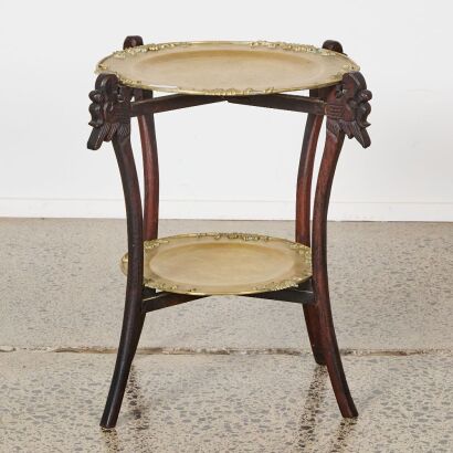 A Chinese Portable Wooden Stand With Two Bronze Grape Plates