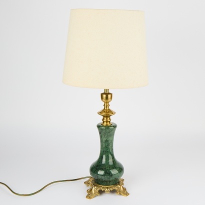A Vintage Brass and Green Stone Lamp