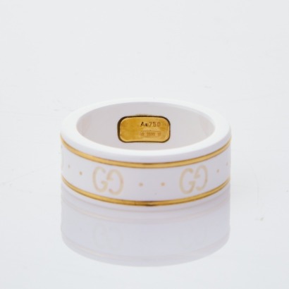 Gucci, Icon White Ceramic Ring with 18ct Gold Accents, Size 11, with Box