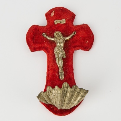 An Antique French Red Velvet Wall Benitier Crucifix