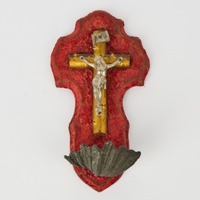 An Antique French Red Velvet Wall Benitier Crucifix