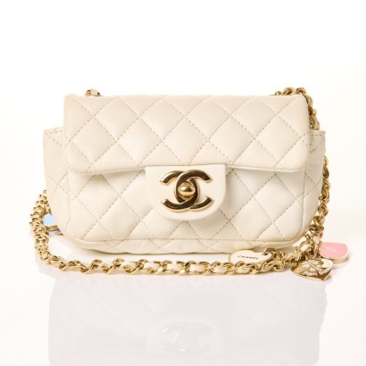 Chanel, White Quilted Leather Heart Charms Flap Bag