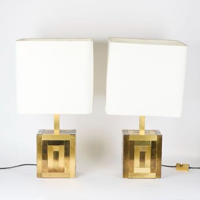 A Pair of Brass and Chrome Geometric Table Lamps, Spain c.1970s