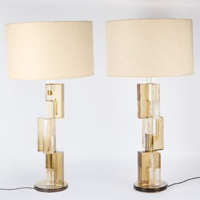 A Pair of Cubic Murano Glass And Brass Lamps by Barovier & Toso, Italy c.1970s