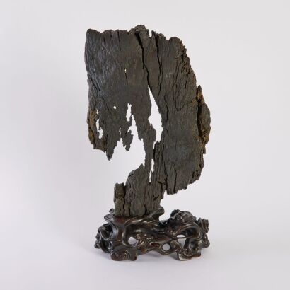 A Chinese Qing Dynasty Ying Stone Scholar&rsquo;s Rock with Original Hongmu Stand and Inscription (Carved by Master Shen Zhuo)