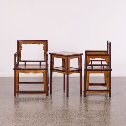 A Set of Three Chinese Vintage Nanmu Low Back Armchairs (Meigui Yi)