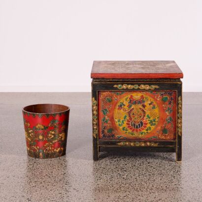 A Set of Two Chinese Tibetan Painted Wooden Items