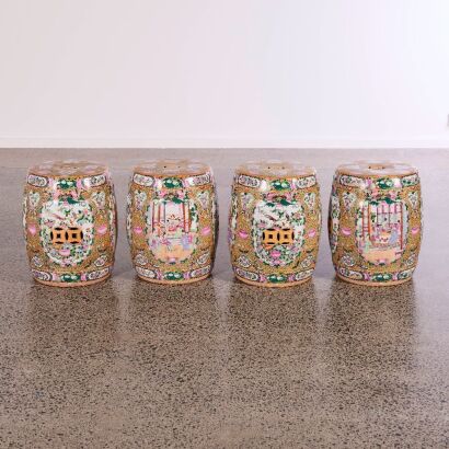 A Group of Four Chinese 20th Century Canton Famille-rose &lsquo;Figural, Bird and Flower&rsquo; Stools