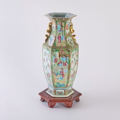 A Large Chinese Mid-Qing Dynasty Canton Famille-rose &lsquo;Figural and Floral' Hexagonal Vase(with Original 'Hongmu' Stand)