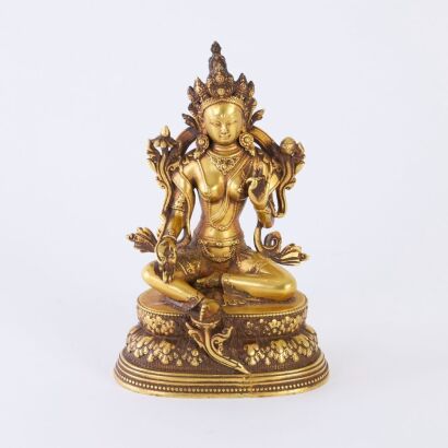 A Chinese Qing Dynasty Gilt Bronze Green Tara