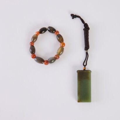 A Chinese Green Jade Pendant and An Old Agate Bead Bracelet