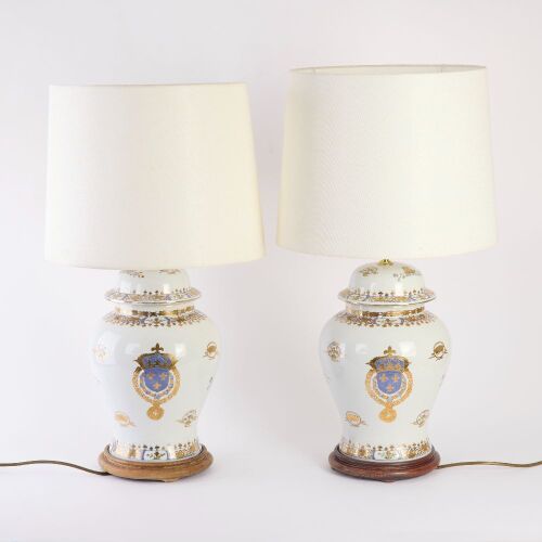 A Pair of Chinese 20th Century &lsquo;Badge&rsquo; Porcelain Lamps