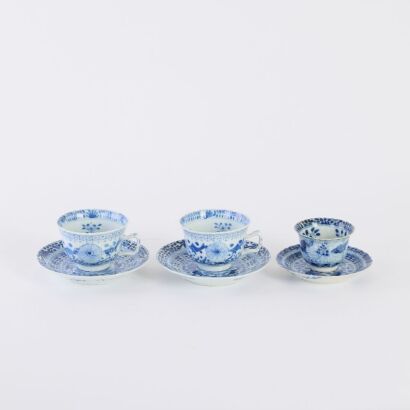 Three Sets of Chinese Late Qing Dynasty Blue and White &lsquo;Fish&rsquo; Cups and Saucers (Kangxi Year Mark)