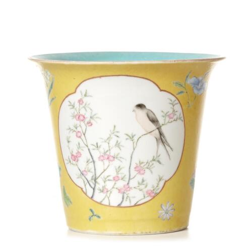 A Chinese Qing Dynasty Guangxu Period Yellow Groud Famille Rose Flower Pot