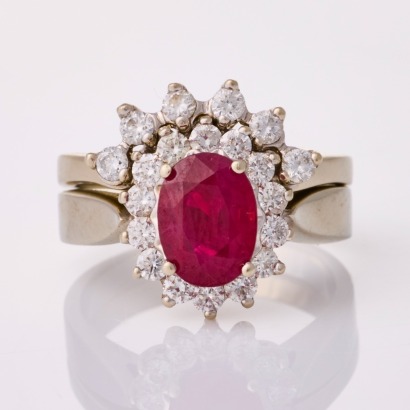 14ct White Gold, Modern,1.50ct Mong Hsu Type Ruby / .69ct Diamond Ring / Curved Band set