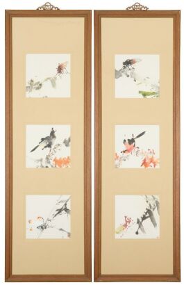 A Set of Two Framed Chinese Lingnan School Paintings of Birds, Flowers, and Insects