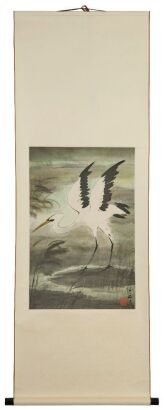 A Chinese Ink Scroll Painting of Egrets (Lin Fengmian Stamp)
