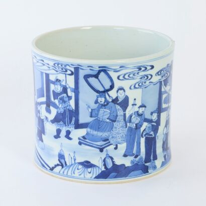 A Chinese Blue and White &lsquo;Figural&rsquo; Brush Pot (Qing Dynasty Kangxi Year Mark)