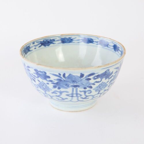 A Chinese Late Ming to Early Qing Dynasty Blue and White 'Peach' Bowl (Huajia Mark)