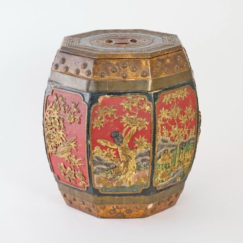 A Chinese Red Lacquer and Gilt Carved 'Bird and Flower' Wooden Garden Stool