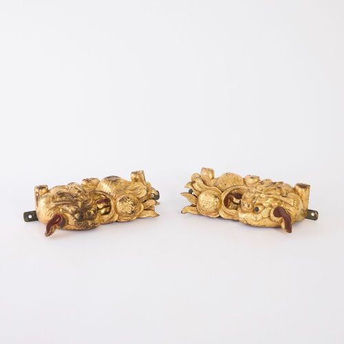 A Pair of Chinese Qing Dynasty Gilt Lacquer Wooden Lions