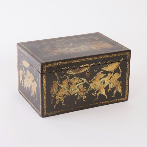 A Chinese Qing Dynasty Black Lacquer and Gilt &rsquo;Figural&lsquo; Tea Caddy