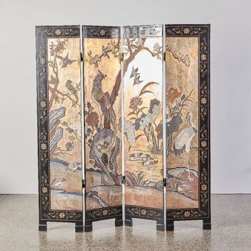 A Chinese Lacquer Carved 'Bird and Flower' Four-panel Screen