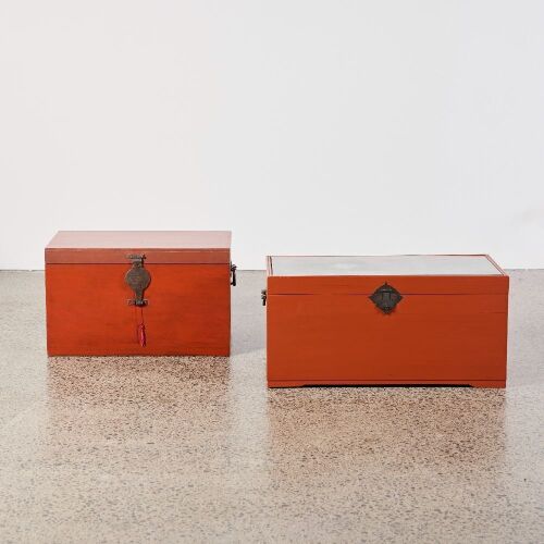 A Set of Two Chinese Red Lacquer Wooden Chests