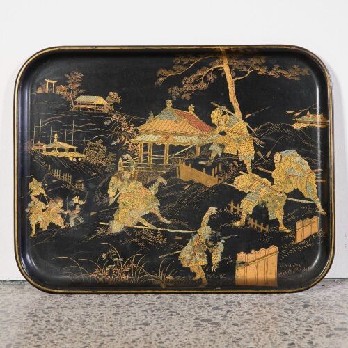 A Japanese Meiji Period Black Lacquer and Gilt 'Figural' Rectangular Tray