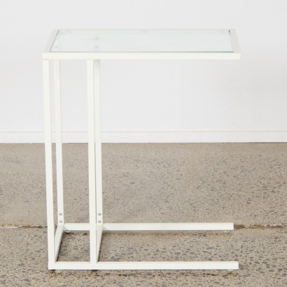 A White Metal Minimal Side Table with Glass Top
