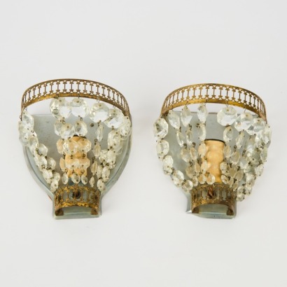 A Pair of French Brass and Crystal Sconces