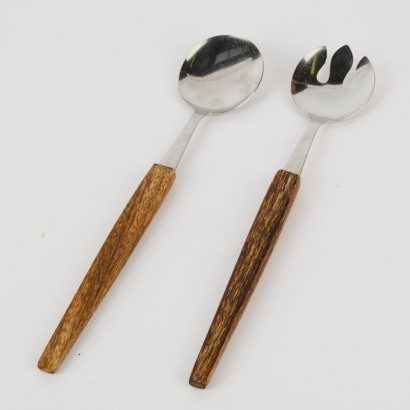 A Pair of Mid Century Stainless Steel & Teak Salad Servers