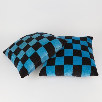 A Pair of Blue And Black Checkerboard Velvet Cushions