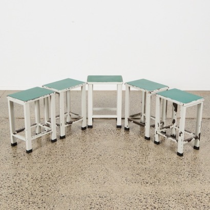 A Set of Five Retro Green and Gray Stools