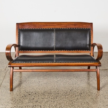 A Teak & Black Leather Mid Century Couch