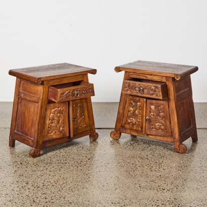 A Pair of Hand Carved Teak Bedsides